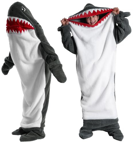 Bocguy Hai Decke, Shark Blanket Flauschig, Hai Kostüm Kuscheldecke, Shark Onesie Warm, Shark Costume Tragbare, Decke mit Ärmeln Geeignet für 125-200cm Erwachsene & Kinder Im Winter Warm Halten(Grau)