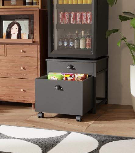 WHAVA Mini Fridge Table with Drawers and Movable Cabinet Mini Fridge Stand with Storage, Heavy Duty 220LBS Capacity Tabletop for Dorm, Apartment,Office, Bedroom (Black)