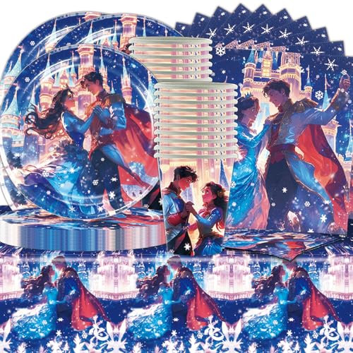 Princesas Vajilla 61 piezas Príncipe y Princesa Fiesta Vajilla Incluyendo Platos, Tazas, Servilletas, Manteles, Adecuado Para Tema Princesa Congelada