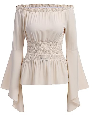ABEHIK Damen Mittelalter Gothic Oberteil Kostüm Langarm Renaissance Trachtenbluse Shirt Falten Ärmelstulpe Korsett Bluse Off Shoulder Top