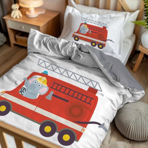 Pictogogo Baby Bettwäsche Set, Kinderbettwäsche, Feuerwehrauto Design, 100x135 cm Bettdecke, 60x40 cm Kissenbezug, Graue Baumwoll-Unterseite