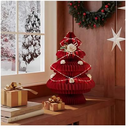 Albero Di Natale Di Carta Pieghevole Rosso, Albero Di Natale A Nido D'ape, Alberi Di Natale per Feste In Casa(18.1x30.7 in)