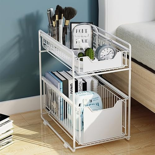 HUOLE Rangement sous Evier,Tiroir de Rangement à 2 étages pour Cuisine et Salle de Bain, Panier de Rangement Coulissant en métal, pour la Maison et Le Bureau, Porte-épices (Blanc)