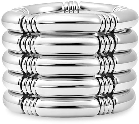 Emibele Silber Armreifen Armbänder für Frauen, Chunky Silber Stretch Armreifen Armbänder, stapelbar geschichteten gebogenen Bambus-Rohr-Armband-Set, nicht anlaufen Silber Armbänder Schmuck Geschenke