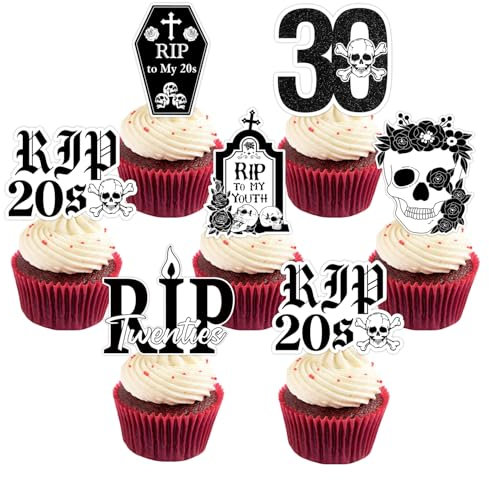 RIP 20er Jahre Cupcake-Topper, 36 Stück, Gothic-Motto-Party-Dekorationen, Death To My 20s Cupcake-Topper, Rosentopf, Rip to My Youth, Cupcake-Picks, Rip Twenties Kuchendekorationen für Männer und