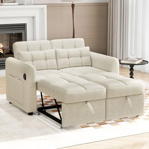 DRIXNO Loveseat-Sofa, 3-in-1-Ausziehsofa mit Verstellbarer Rückenlehne, USB, Armlehnentaschen und Kissen. Geeignet für Wohnzimmer, Schlafzimmer, Wohnung Usw.,Beige