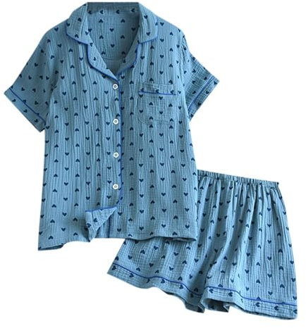 Generico Pigiama Donna Corto - Pigiama Donna Cotone Leggero Scollo A V Maniche Corte Camicia Top Pantaloncini Stampa A Cuore Seersucker Casual in Due Pezzi Pigiami da Casa