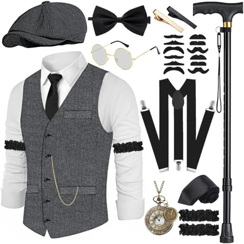 WILDPARTY 20er Jahre Kostüm Herren Weste mit Accessories Hosenträger, Krücke Taschenuhr Bart Barett Gläser Krawattennadel für Mafia Kostüm 1920S Gangster Peaky Blinders Karneval Halloween Mottoparty
