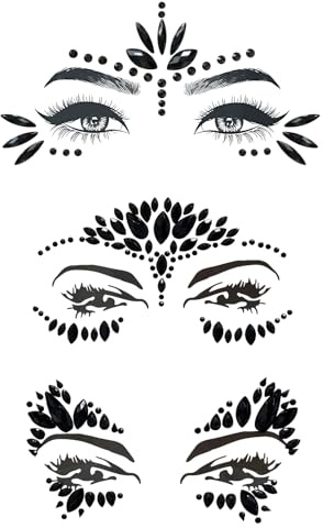 3Stücke Edelsteine Temporäre Tattoos Schwarz,Selbstklebende Strasssteine Gesichtstattoo Glitzer,Edelsteine Temporäre Tattoos für Karneval, Party,Halloween, Weihnachten, Geburtstag, Make-up