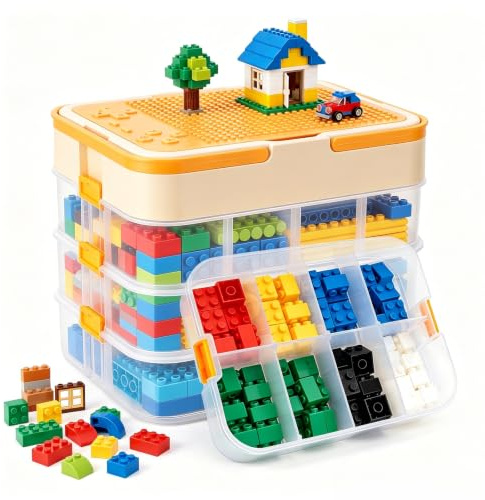 Eirolace Stapelbare Aufbewahrungsboxen für Legosteine mit Bauplatte, 4-stufige Lego Aufbewahrungsboxen, Transparente Sortierbox mit Fächern, Tragegriff & Deckel, für Bausteine, Puzzle, Kleinteile
