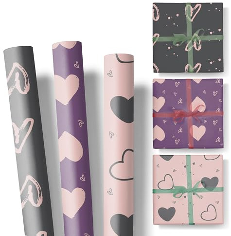 Ausgewählt verpackt Geschenkpapier Set mit Herzen – 3 Geschenkpapier Rollen 47 cm x 3 cm – romantisches Einpackpapier auf Rolle ohne Knicke - Geburtstag, Valentinstag & Geschenke - Herzen - Set 1