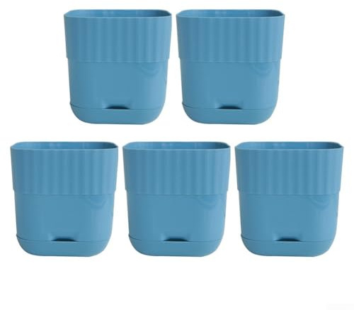 5 macetas cuadradas de resina con agujeros de drenaje y platillos a juego, macetas decorativas de tamaño mediano para plantas de interior o exterior en blanco, verde, azul y rosa (azul)