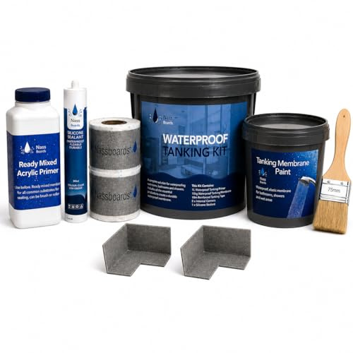 Nassboards Shower Waterproof Tanking Kit System 6.5KG for Wetrooms, Bathrooms & Kitchens - Complete Wet Room Waterproofing with Membrane Primer Tape Corners Silicone, Prevents Moisture, Covers 10m²