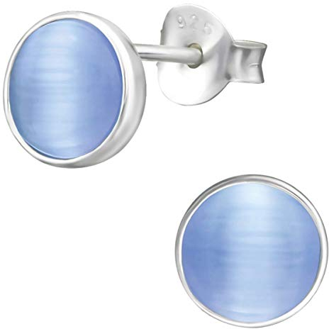 EYS JEWELRY Damen Ohrstecker 925 Sterling Silber – Katzenaugen Ohrringe rund 7 mm – Hellblau – Elegante Ohrstecker für Frauen