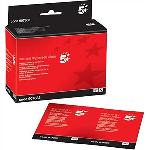 5 Star Screen Cleaning Duo Sachets Pairs of Wet and Dry Wipes [Pack of 20x2], white