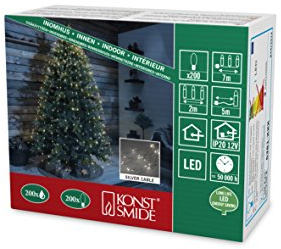 Konstsmide 6381-190 LED Lichterkette Tropfenlametta/für Innen (IP20) / VDE geprüft / 12V Innentrafo / 200 warm weiße Dioden/silberfarbener Draht, 10 Stränge à 20 LEDs