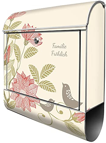 banjado® Design Briefkasten personalisiert WT Vogelhochzeit 38,5x46,5x13cm & 2 Schlüssel - Briefkasten Stahl Silber Zeitungsfach pulverbeschichtet - Postkasten A4 Einwurf inkl. Montagematerial