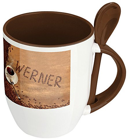 digital print Namenstasse Werner - Löffel-Tasse mit Namens-Motiv Kaffeebohnen - Becher, Kaffeetasse, Kaffeebecher, Mug - Braun