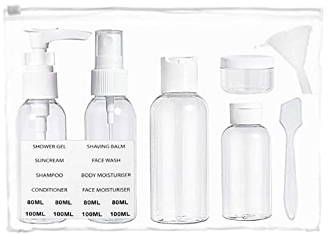 Travel Bottles Clear Plastic Toiletry Set Bag Pump Spray Hand Luggage Liquid Shampoo Bath Body Wash Pot (White), One Size