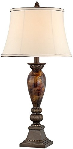 Kathy Ireland Mulholland Traditional Vintage Table Lamp 33 Tall Aged Bronze Golden Faux Marble Off White Bell Shade for Living Room Bedroom House Bedside Nightstand Home Office Entryway
