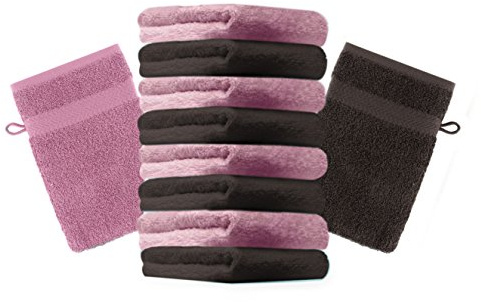 Betz 10 Stück Waschhandschuhe Premium 100% Baumwolle Waschlappen Set 16x21 cm Farbe Dunkelbraun und Altrosa