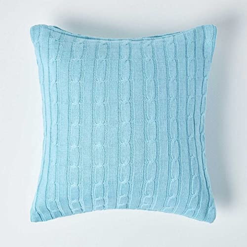 Homescapes hellblaue Kissenhülle für Zierkissen/Sofakissen mit Strick-Zopfmuster, quadratischer Zierkissenbezug 45 x 45 cm aus 100% Baumwolle, Pastellblau