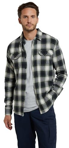 Mountain Warehouse Trace Mens Flannel Long Sleeve Shirt - Lightweight & Breathable Casual Checks Shirt in 100% Cotton with Buttoned Front Pockets - for Travel & Walking Dark Green 2XL