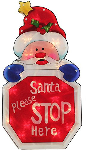 WeRChristmas Pre-Lit Santa Stop Here Sign Double Sided Window Silhouette Christmas Decoration - 45 cm, Multi-Colour