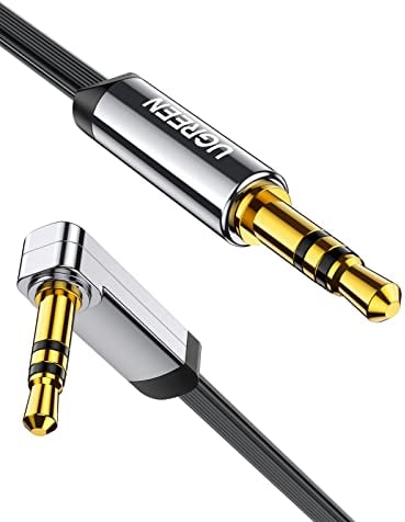 UGREEN Cable Audio Jack 3.5 Macho Nylon Trenzado Plano 90 Grados Auxiliar Ángulo Recto Compatible con Autoradio Auriculares Altavoz TV iPhone MP3 (0.5M)
