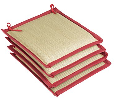 Handelsturm Tatami 4er Set Tatami Stuhlkissen 40x40, rot Sitzkissen im tatmi Design, Stuhlauflage 40x40 cm mit roten Bändern, Oberfläche aus Igusa (Binsengras), natürlich schön!