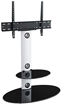 MAHARA Universal Column TV Stand - for 32 to 65 inch TVs-Freestanding white tall floor stand with oval black glass shelves and cable management-Height adjustable & fits in corners-Max Weight 40kg
