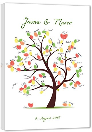 galleryy.net Fingerabdruck Leinwand 90x60 mit NAMEN & DATUM - INKL Zubehör-Set (Stempelkissen+Stift+Anleitung+Hochzeitsbuch+...) - Schöner Baum - Fingerabdruck Baum Leinwand