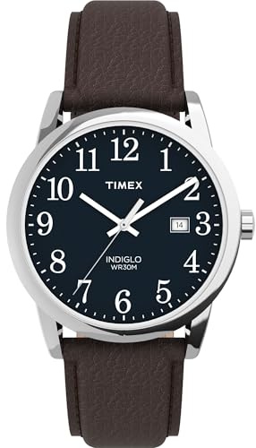 Timex Men's Easy Reader 38mm Watch – Silver-Tone Case Blue Dial with Brown Leather Strap