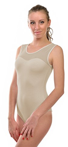 Krisli Damen Body ohne Ärmel mit Tüll Dekoltee Brazillian Slip (XL(42), beige)