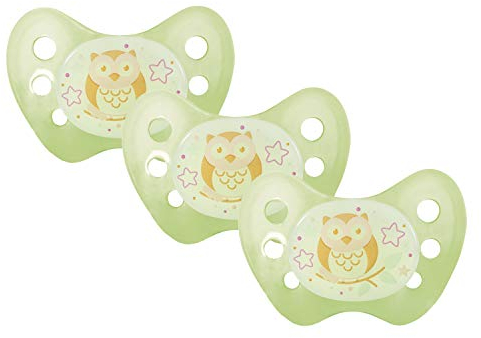 dentistar Night Silikon Schnuller 3er-Set - Größe 2, 6-14 Monate - Glow in the Dark Nuckel mit Dentalstufe – BPA-frei – Made in Germany - Eule, Grün