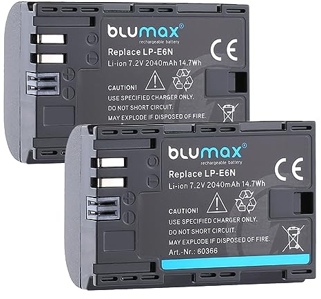 2X Blumax Akku kompatibel mit Canon LP-E6N | 2040mAh | LP-E6NH LP-E6 für Canon EOS-R EOS R Ra R5 R6 II R7-5D Mark II III IV - 6D 7D 60D 90D - XC15