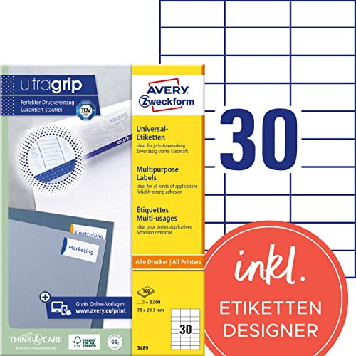 AVERY Zweckform 3489 Universal Etiketten (3.000 Klebeetiketten, 70x29,7mm auf A4, Papier matt, individuell bedruckbar, selbstklebende Aufkleber mit ultragrip) 100 Blatt, weiß