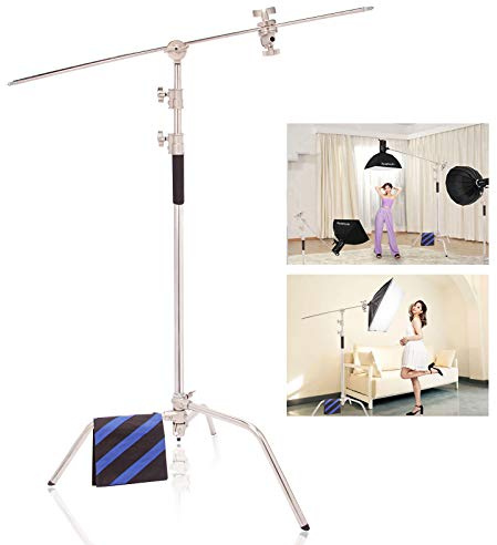 Heavy Duty C Stand with Hold Arm, Grip Head and Sandbag, 4.9-9.8ft Stainless Steel Light Stand for Photography Reflectors, Softboxes, Lighting