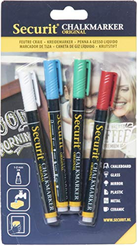 SECURIT - 4er-Set Kreidemarker - Für nicht-poröse Oberflächen (Schwarze Tafel, Glas, Metall, Spiegel...) - Dünne Spitze 1-2 mm - 4 Farben (Weiß, Grün, Rot, Blau)