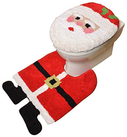 Allure Two Piece Santa Christmas Toilet Seat Cover & Pedestal Mat Set, Large Size Novelty Decoration for Bathroom