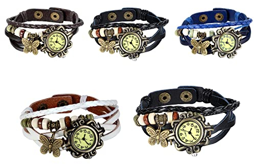 JewelryWe 5PCS Damen Armbanduhr, Retro Vintage Analog Quarz Uhr mit Schmetterling Beads Kugeln Charm Leder Armkette Armband, 5