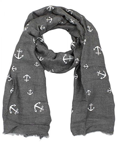 Sonia Originelli Schal Langschal Anker Maritim Reliefdruck Fransen Sommer Farbe Dunkelgrau