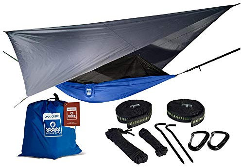 Oak Creek Outdoor Supply Lost Valley Camping Hammock. Bundle Includes Mosquito Net, Rain Fly, Tree Straps, And Compression Sack (Blue And Gray).
