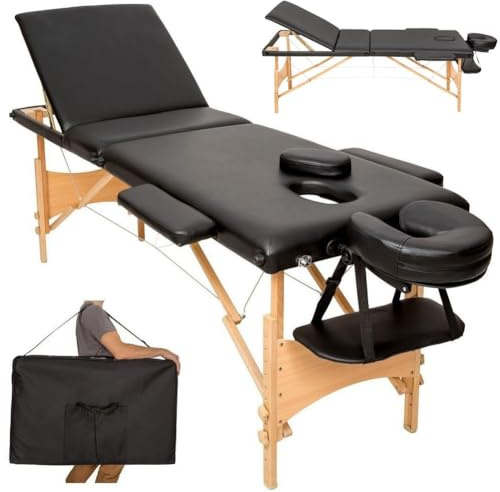 BAKAJI Massageliege aus Holz, klappbar, 3 Zonen, für Physiotherapie, Spa, Wellness, professionelle Kosmetikerin, Farbe Schwarz, XL Lux, mit Tragetasche (Gestell aus Holz, schwarz)