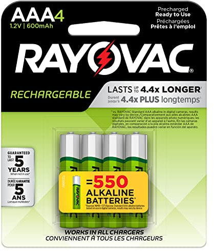 RAYOVAC LD724-4OPB Ready-to-Use Rechargeable NiMH Batteries, Carded, 4 pk (AAA; 600mAh)