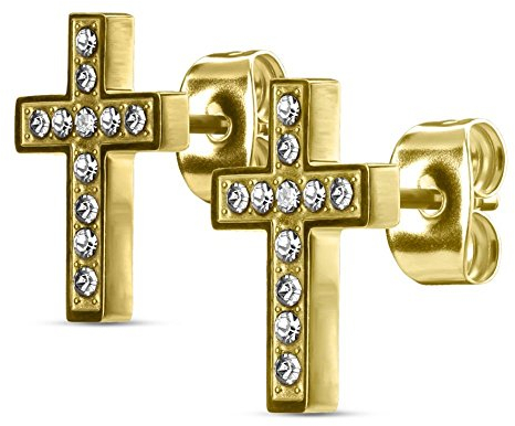 Bungsa Gold - Kreuz Ohrstecker kristallbesetzt Edelstahl | 1 Paar | (Ohrringe Ohrschmuck Ohrklemmen Studs Damen Frauen Herren Mode Earrings)