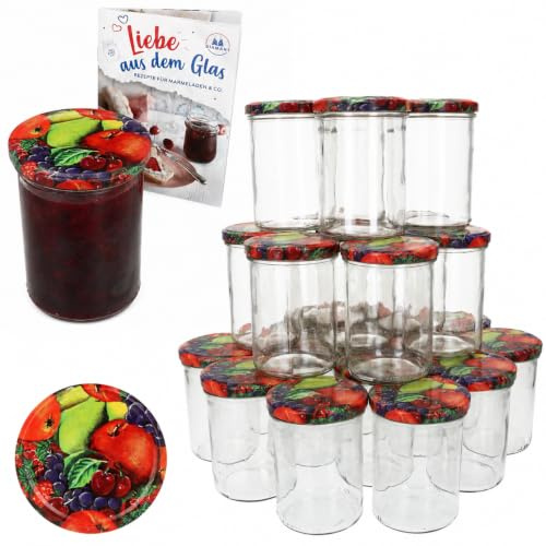 MamboCat 48er Set Marmeladenglas 435ml mit TO 82 Deckel Obst Dekor & Heft | Sturzgläser aus Glas, zum Einkochen, Konservieren & Fermentieren, mit Obst Deckel & Diamant-Zucker-Heft, Einmachglas