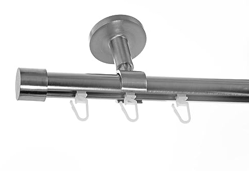BASIT Gardinenstange Innenlauf Edelstahllook 20mm 1-läufig Decke 400cm D30 | Gardinenstangenset einläufig Deckenmontage Metall Vorhangstange Deckenhalterung 120-600cm wählbar Kappe E30