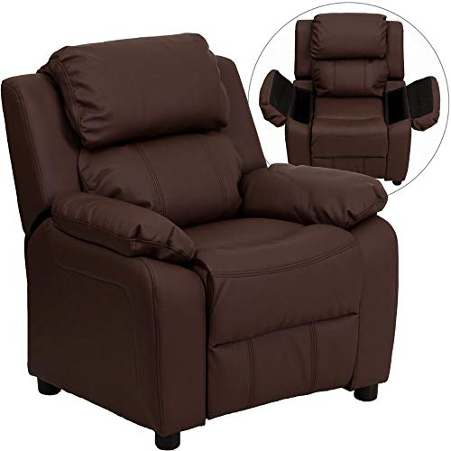 Flash Furniture Deluxe Padded Contemporary Kids Recliner with Storage Arms, Leather, Brown, 66.04 x 53.34 x 53.34 cm