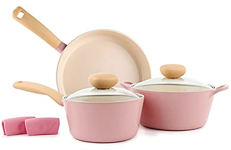 Neoflam Retro-Kochgeschirr-Set, Keramik, antihaftbeschichtet, PFOA-freie Töpfe und Pfannen mit integriertem Dampfschlitz-Deckel, verhindert Überkochen und hitzebeständige Silikongriffe für sicheres Kochen in der Küche, Rosa